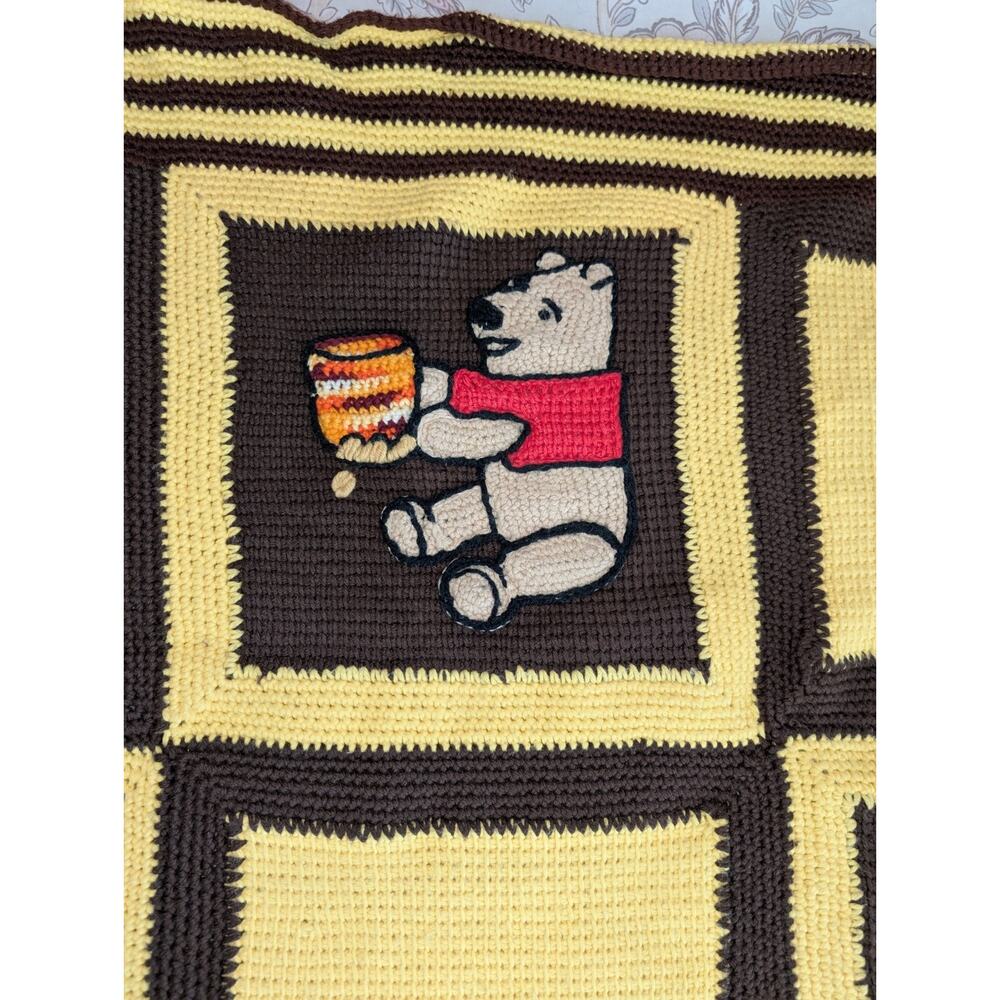 Granny Square Afghan Baby Blanket Pooh Bear Handmade Crochet 48"X60 Yellow